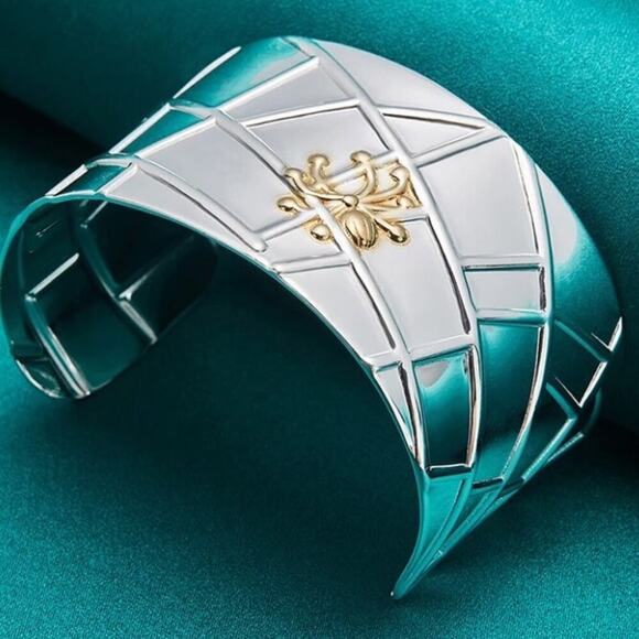 Sterling Silver Wide Bangle Gold Spider Two Tone Bangle Luxury Bracelet - Picture 4 of 12